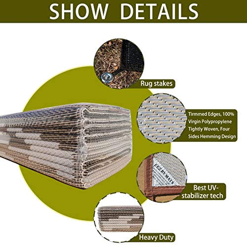 EEZ RV Products 9'x12'BRW Heavy Duty Reversible/Durable Outdoor Patio/RV Mats - Perfect for Camping, Beach (9ft x 12ft Brown) Come with Large Storage Bag & 6 Sets of Stakes and Washer - color: Brown, size: 9' x 12' (Rectangular)