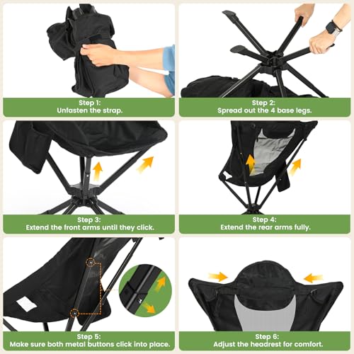 Raynesys 360° Rotation Camping Chair, Compact Hiking Chair with Cup Holder & Storage Pocket, Portable Folding Chairs for Outdoor Activities, High Back Comfort for Long Sitting, 1 Pack Black