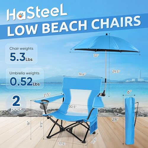 HaSteeL Low Beach Chair Set of 2, Foldable Blue Camping Chair with Adjustable Umbrella Set for Adults, Lightweight Portable Lawn Chairs for Fishing, Picnic, Outdoor BBQ, Travel, Sports - color: Blue Chairs + Blue Umbrella