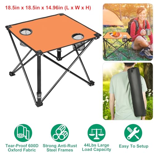 KOCASO 1Pc Foldable Camping Table Portable Picnic Table Lightweight Travel Desk with 2 Cup Holders Carrying Bag - color: Orange