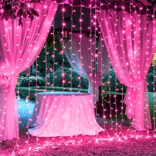 Brightown 300 LED Curtain Lights for Bedroom 9.8 FT Hanging Window Lights with Remote, Connectable, 8 Modes, Waterproof Fairy Lights for Outdoor Indoor Valentine's Day Christmas Holiday Party, Pink - color: Pink, size: 300LED