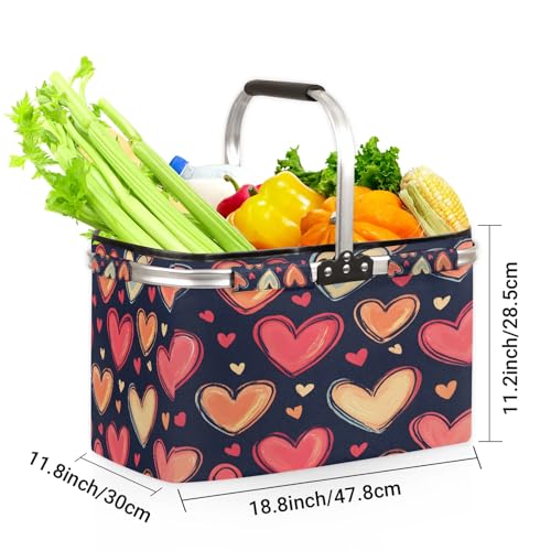 Abstract Modern Hearts Picnic Basket Large Collapsible Market Baskets Portable Reuasble Shopping Bags with Handles for Camping Beach Travel - color: Purple