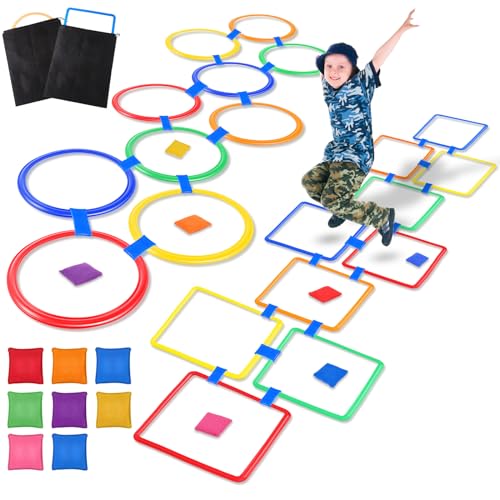 RoundFunny 2 Sets of 2 in 1 Hopscotch and Beanbag Toss Kit Include Hopscotch Ring Game Set and Squares Set 8 Pcs Beanbags for Indoor Game Outdoor Agility Portable Summer Conditioning Agility Training