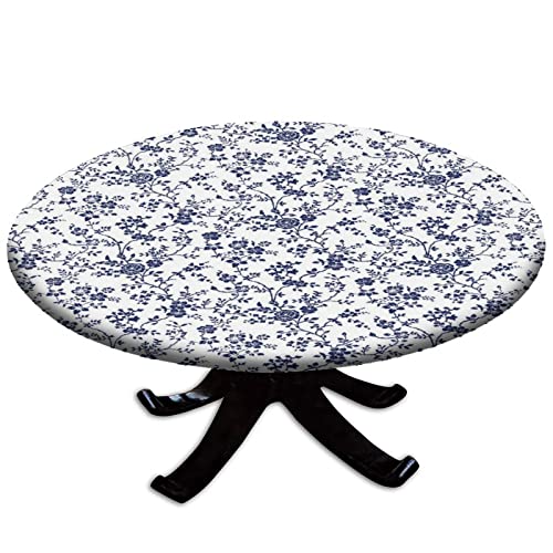 Floral Pastoral Style Fitted Tablecloth Round Blue Floral Elastic Edge Table Cover, Polyester Table Pad Cloth for Indoor Fits Tables up to 28 in Diameter - color: Blue, size: 28" (Round)