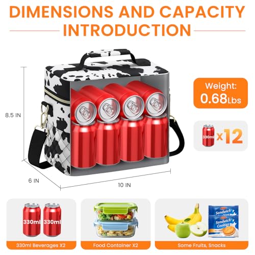 Tenot Insulated Lunch Box for Women Reusable, Leak Proof Cooler Lunch Bag Women for Work Stylish Quilted Lunch Tote Bag for Adult Picnic Travel Hiking Cow Print - color: Cow Print