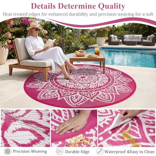 Round Outdoor Rug 6ft Waterproof Reversible Boho Plastic Straw Patio Deck Camping Rugs, Indoor Outdoor Portable RV Mat Carpet for Outside, Porch, Balcony, Backyard, Beach, Pool, Pink - color: Pink, size: Round 6ft