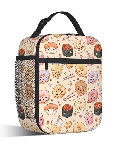 Insulated Small Lunch Box,Cute Donut Reusable Lunch Bag for Kids Adult Women,Bubbles Tea Large Capacity Portable Thermal Bag with Mutiple Pockets for School,Work,Picnic - color: Cute Donut