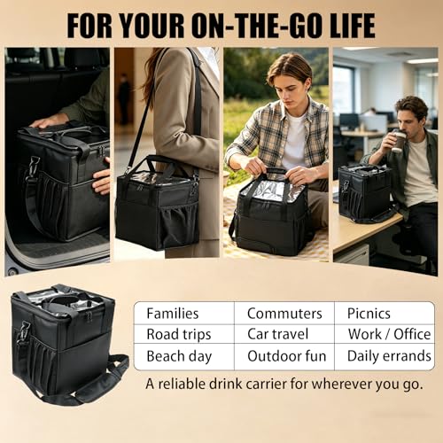 4-Cup Insulated Drink Carrier, Reusable Leakproof Tote Bag for Hot & Cold Drinks, Portable Cup Holder for Car Travel, Beach, Picnic, Camping & Commute