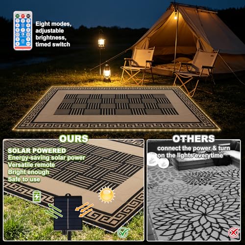 YONILE Solar LED Outdoor Rug 9x12 ft Waterproof for Patios Clearance,Reversible Outdoor Plastic Straw Rug, RV Mat Outside, Indoor Outdoor Carpet for Porch, Deck, Backyard, Balcony, Picnic - color: Black&coffee-striped With Light-2 in 1, size: 9x12ft