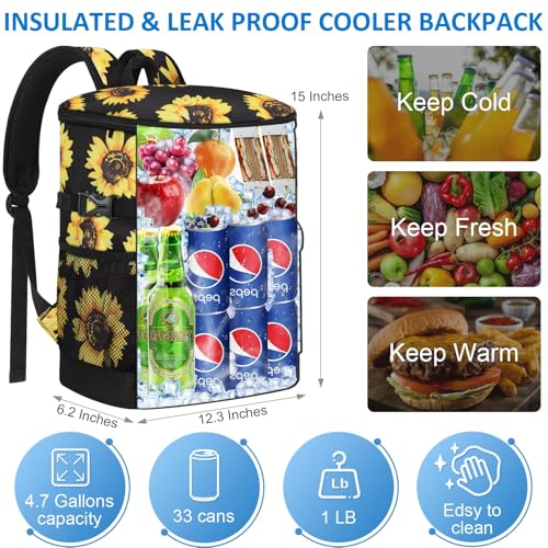 Tenot Cooler Backpack 33/40 Cans Backpack Coolers Insulated Leak Proof Soft Beach Cooler Bag for Men Women Ice Chest Backpack Camping Hiking Picnic Travel Cooler Lunch Backpack - color: Sunflower Floral, size: 33 Cans
