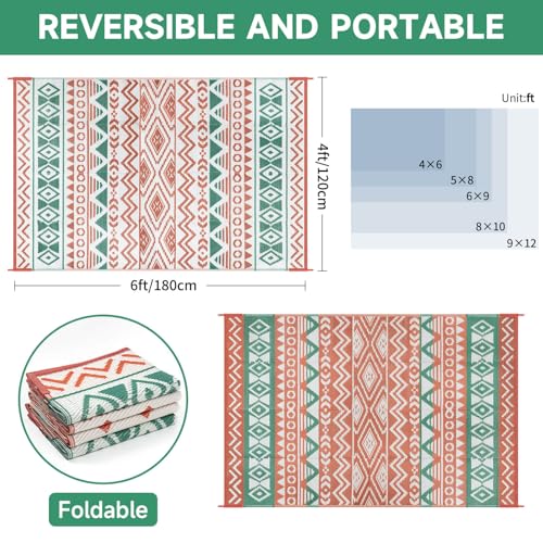 Outdoor Rugs Patio Camping Waterproof - 4x6 Plastic Straw Patio Rug Portable for Campers, Outside RVs Mat, Outdoor Area Carpet for Patios Clearance, Backyard Porch, Balcony, Picnic - color: Green Orange, size: 4' x 6' (Rectangular)