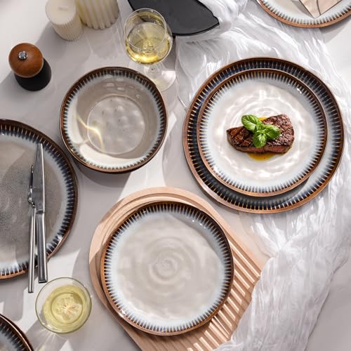 Melamine Dinnerware Set, 12 Pcs Dishware Sets, Plate and Bowl Set Service for 4, Lightweight and Unbreakable Dinnerware Sets for Camping, Great for RV, Dishwasher Safe, Sahara Beige and Blue - color: Sahara Beige