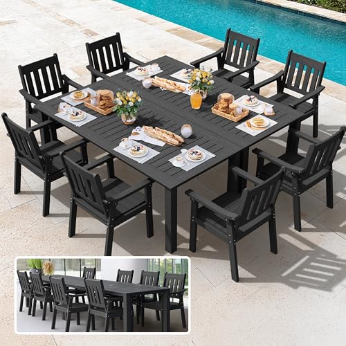 YEFU HIPS Patio Table Set: 10 Piece Outdoor Table and Chairs Dining Furniture Set with Umbrella Hole - Black Modern Plastic Dining Sets 8 Person for Outside Deck with Metal Aluminum Frame - color: Black, size: 10 Piece