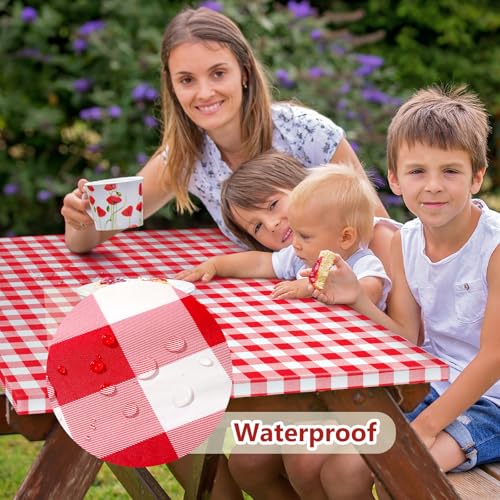 Picnic Table Cover with Bench Covers and Bag, Camping Essentials Camping Table Cover with Elastic Edges, Fitted Rectangle Tables and Seats - color: Light Red-vn