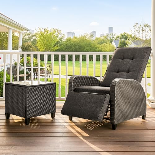 Green4ever Outdoor Patio Recliner with Adjustable Backrest and Footrest, All-Weather Wicker Patio Chair with Side Table, 160° Lay Flat Patio Reclining Lounge Chair for Garden Backyard, Grey - color: Grey, size: 2 Pieces