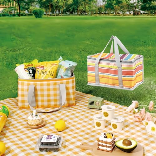2pcs Insulated Picnic Bag Reusable Cooler Bags with Zipper Top, Foldable Picnic Basket for Food Storage，Portable Picnic Basket for Outdoor Camping, Party, Beach Trip (C) - color: C
