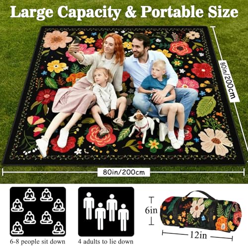 Picnic Blankets Waterproof Foldable Extra Large,80"x 80" Outdoor Beach Blanket Sandproof,3-Layer Lightweight Handy Mat Tote Picnic Camping Rugs for Outside Your Rv (Boho Vintage Floral Black) - color: Picnic Blankets 12