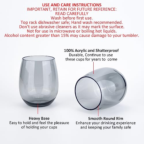 KOXIN-KARLU Classic 18-ounce Acrylic Stemless Wine Glasses, Unbreakable Mixed Drinkware Plastic Tumbler, set of 6 Grey - color: Gray