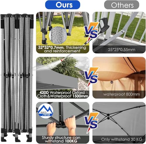 COBIZI 10x20 Heavy Duty Pop up Canopy Tent with 6 sidewalls Easy Up Commercial Outdoor Wedding Party Tents for Parties All Season Wind & Waterproof Gazebo Roller Bag, Light Grey(Frame Thickened) - color: Light Grey, size: 10x20 With 6 Sidewalls