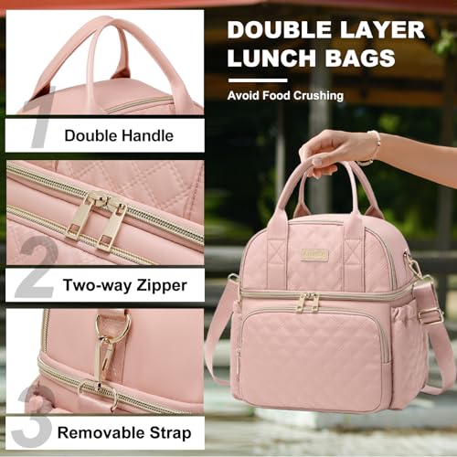 AIJIEKE Large Insulated Lunch Bag for Women, Double Compartment Leakproof Lunch Box for Work Office, Reusable Cooler Tote with Adjustable Strap & Side Pockets for Adults Picnic Beach, Pink - color: Pink