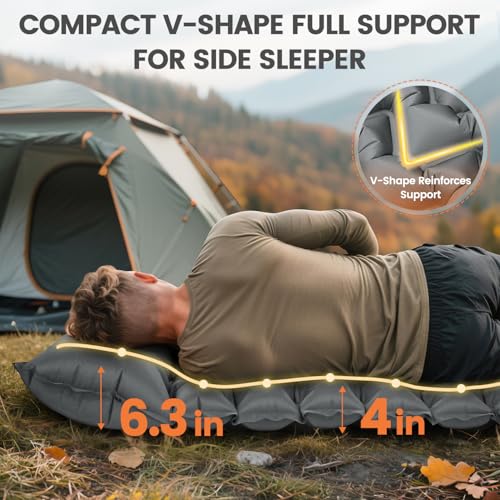 Ultralight Sleeping Pad for Backpacking, 4" Thick & 1.9 lb, with Built-in Pillow & Fast Foot Pump, Compact Inflatable Mat for Hiking and Camping - color: Grey