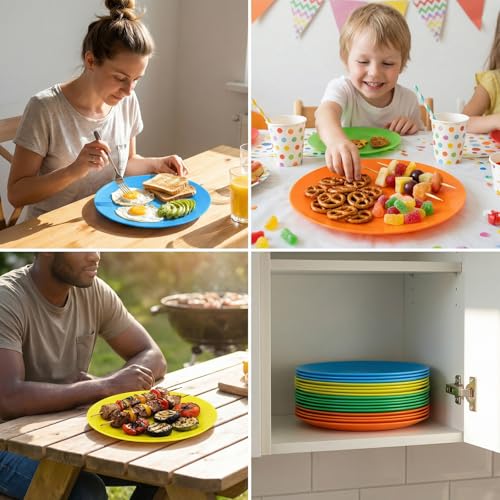 AOYITE Plastic Dinner Plates Reusable BPA Free Dishwasher Safe Microwaveable Plate for Any Occasion, BBQ, Travel, and Events (Multicolor set of 12) - color: Neon Summer Tones