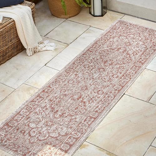 JONATHAN Y Boho Medallion Indoor Outdoor Runner Rug 2X8 Red/Taupe, Rozetta Textured Weave for Backyard, Patio, Porch, Easy-Cleaning, High Traffic, Pet-Friendly, Non-Shedding (SMB102A-28) - color: Red/Taupe, size: 2'2" x 8' (Runner)