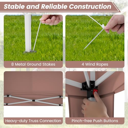 Tangkula 10x10 Ft Pop Up Canopy with Netting, Easy Up Outdoor Tent with Mesh Sidewalls, Carrying Bag, Adjustable Height, Portable Canopy Tent for Parties Events Camping Travel - color: Brown