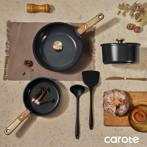 CAROTE 15Pcs Ceramic Cookware Set, Pots and Pans Set Non stick, Kitchen Cooking Set with Detachable Handle, Non Toxic Induction Cookware, Dishwasher/Oven Safe, PFAS Free, Black&Gold - color: Black
