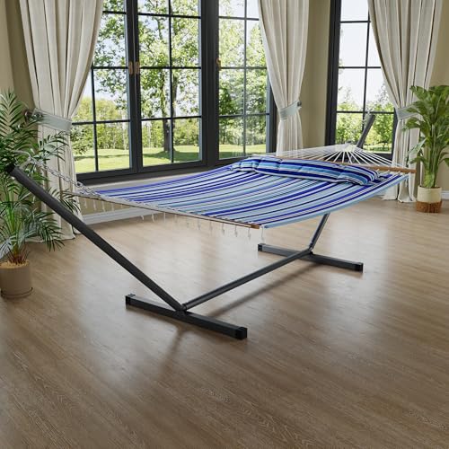 Garvee 57" Double Hammock with Heavy Duty Stand – 2 Person Hammock, Widening Cotton Fabric Design, 450 LB Capacity for Indoor & Outdoor Use (Blue) - color: Blue