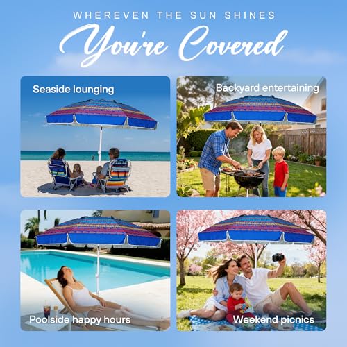 AMMSUN 8 Feet Large Beach Umbrella with Sand Anchor Heavy Duty High Wind Portable Outdoor Umbrellas UV 50+ Protection Air Vent Tilt Patio Garden Pool - color: Navy Stripes