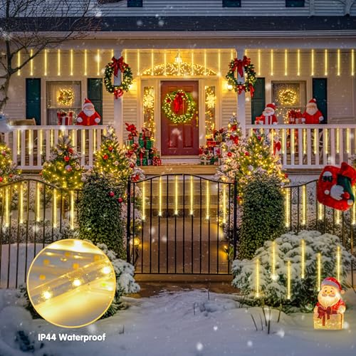 JMEXSUSS Solar Meteor Shower Lights Outdoor, 8 Tube 144 LEDs Warm White Solar Christmas Lights for Tree Eave Xmas Holiday Party Patio House Wedding Decor - color: Warm White, size: 1*144LED