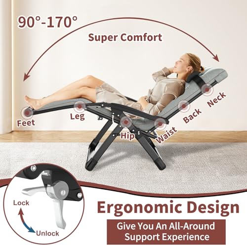 Oversized Zero Gravity Chair with Cushion XXL, 33In Padded Lounge Chair, Recliner Camping Chair W/Full-Alu Alloy Lock, Cushion, Storage Bag, Footrest, Cup Holder, Folding Chair Support 500lbs, Gray - color: 33in - Grey