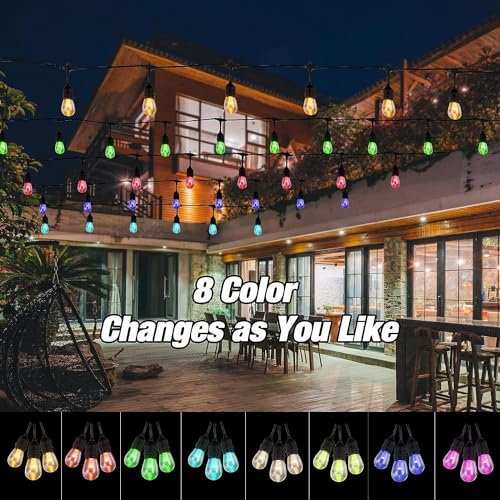 Auroraworld 48FT RGB Outdoor String Lights, Dimmable Color Changing Waterproof LED Patio Lights with Remote, 15 Shatterproof Bulbs for Porch Balcony Garden Party Decor - size: S14 48 FT RGB