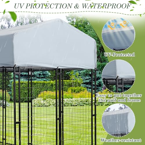 Grepatio 8x4x5.7 FT Outdoor Dog Kennel with Roof, Heavy Duty Dog Cage for Large Dogs, Outside Dog Enclosure with 2 Rotating Dogs Bowls, Welded Wire Steel Dog Kennel Run Playpen Fence with Secure Lock