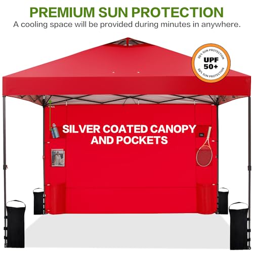 Tunbne 10'x10' Pop Up Canopy Tent with 1 Sidewall and 6 Pockets, One Push Setup, Instant Shade Tent with Vented Roof for Beach Patio Outdoor, Case, 8 Stakes, 4 Ropes, 4 Sandbags (Red, 10x10) - color: Red, size: 10x10