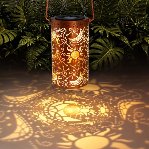 DIBIEECN Mothers Day Gifts for Mom, Birthday Gifts Grandma Ladies Solar Lanterns Outdoor Hanging Hollowed-Out Metal Waterproof LED Garden Decor Outside for Patio Yard Porch, Sun and Moon, 1 Pack - style: Star Moon