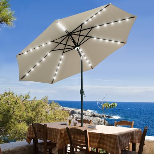 GDY 10Ft Patio Umbrella, Table Umbrella with 40 LED Lights, Outdoor Umbrellas for Patio, with Tilt and Crank, Center Light, for Garden, Deck, Backyard, Pool, and Beach. - color: Khaki