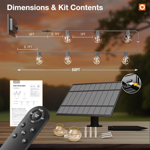 addlon 56FT(50+6) Solar String Lights Outdoor with 1FT Bulb Spacing, 50+2 Commercial G40 LED Bulbs, Solar & USB Charging, Remote, Timable, Dimmable Waterproof Patio Lights for Balcony, Porch, Yard - size: 50+6FT(50 Sockets)