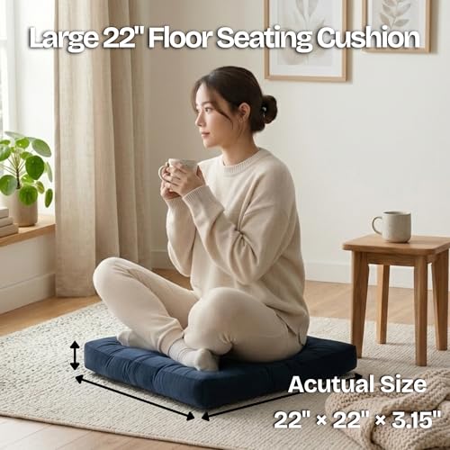 Meditation Cushion, Floor Cushion for Adults, Velvet Floor Pillow for Sitting, Tufted Seat Cushion for Yoga, Living Room, Bedroom & Reading Nook, Machine Washable, 22 x 22 Inch, Navy - color: Navy, size: 1pack