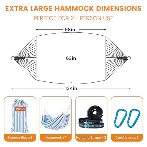 Lazy Daze Hammocks Double Brazilian Cotton Hammock, Extra Large Portable Outdoor Camping Hammock with Tree Straps & Travel Bag for Backyard Patio Poolside Indoor, 550lbs Capacity, Blue & Light Gray - color: Blue & Light Gray