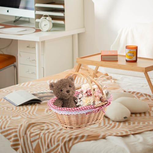 2 Pack 12.6 Inch Natural Wicker Basket with Checkered Lining, Oval Wicker Woven Basket with Handle, Willow Woven Picnic Baskets for Picnic, Camping, Party(Small) - size: 2 Pack 12.6in Natural(round Willow)