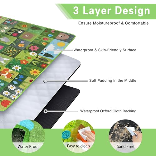 Supfitness Extra Large Picnic Blankets Waterproof Foldable (60 "x 80") Beach Blanket Waterproof Sandproof,3-Layer Thicking Mat Outdoor Packable Camping Blanket - color: Dark Green, size: 60x80in