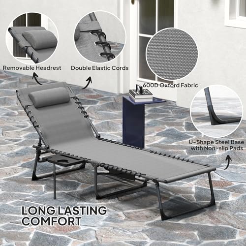 Outsunny Folding Chaise Lounge Chair Outdoor Tanning Chair with Side Table, 5-Level Adjustable Beach Lounge Chair with Headrest, Side Pocket for Patio, Backyard, Beach, Poolside, Gray - color: Grey