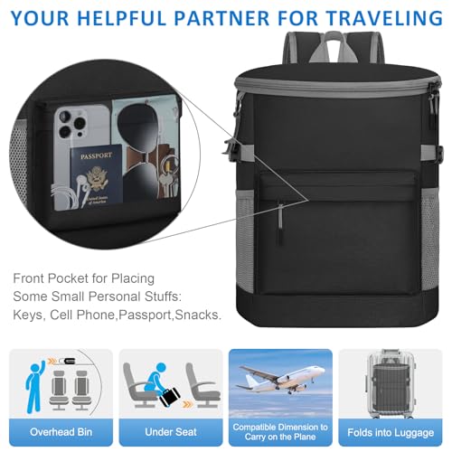 Tenot Cooler Backpack 33/40 Cans Backpack Coolers Insulated Leak Proof Soft Beach Cooler Bag for Men Women Ice Chest Backpack Camping Hiking Picnic Travel Cooler Lunch Backpack - color: Dark Black-Leather, size: 33 Cans