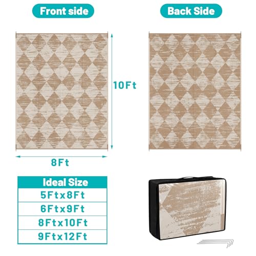 HEBE Checkered Outdoor Rug Waterproof 8x10, Reversible Plastic Straw Rug RV Camping Rug, Indoor Outdoor Patio Mat Clearance, Outside Carpet for Porch, Deck, Camper, Balcony, Backyard, Picnic - color: Light Beige, size: 8' x 10' (Rectangular)