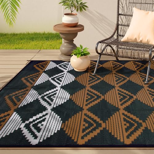 Lahome Outdoor Plastic Straw Rug, Reversible Outdoor Rug Waterproof 6x9 Patio Rugs, Camping Rugs for RV Backyard Deck Porch Picnic Beach Trailer (Black/Brown, 6' x 9') - color: Black/Brown/Checkered, size: 6'x9'