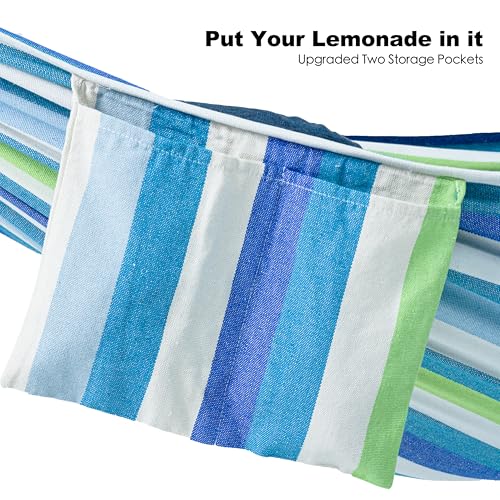 GAFETE Double Hammock with Stand for Outside, Upgraded Spreader Bar, Heavy Duty Space Saving Steel Stand 2 Person, Convenient Pockets, Easy Assembly, 600lbs Weight Capacity, Indoor & Outdoor (Lagoon) - color: Lagoon