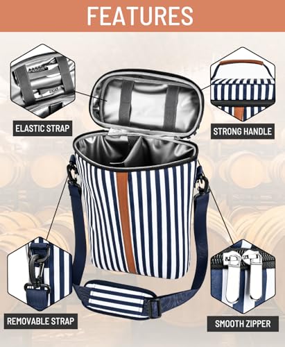Insulated Wine Bag - Wine Bottle Carrier Tote Cooler Bags for Gifts Travel Picnic Beach, Blue and White Stripes - 2 Bottle - color: Blue and White Stripes, size: 2 Bottles