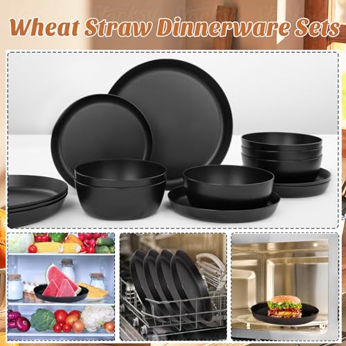 EI 12pcs Wheat Straw Dinnerware Set of 4,Plates and Bowls Sets,Plastic Plate Reuasble Unbreakable,Heavy Duty Plastic Plates for Camping,Picninc,Family Dinner - color: Black Wheat Straw Plates and Bowls